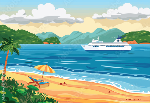 A charming cartoon beach scene with a majestic cruise ship in the azure ocean. Fluffy clouds float in the sky above, and distant mountains are visible in the background