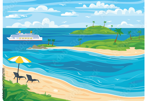 An art painting of a natural landscape featuring a beach with a cruise ship in the azure water  under a cloudy sky. The scene is beautifully captured in a rectangle ecoregion