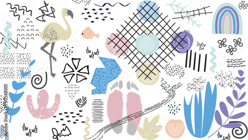 Cute modern doodle style graphic resources on white background. Minimalist style illustration, artistic doodle, shapes, dots, flowers, fish. Design element for hand drown design project.  