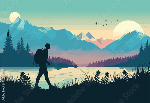 A hiker with a backpack is strolling beside a tranquil lake with majestic mountains in the background, surrounded by a stunning natural landscape filled with lush greenery and snowy peaks