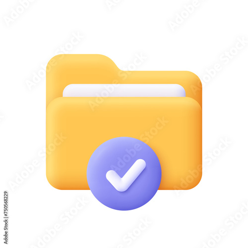 Folder with document and check mark notification button. Data storage. security protection concept. 3d vector icon. Cartoon minimal style.