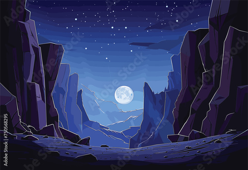 A cartoon illustration depicting a canyon under a full moon in the night sky, creating a mysterious and atmospheric world of art and space
