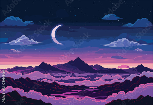Amidst the cloudy sky, a crescent moon hangs over the towering mountains, creating a mesmerizing natural landscape with its gentle lighting