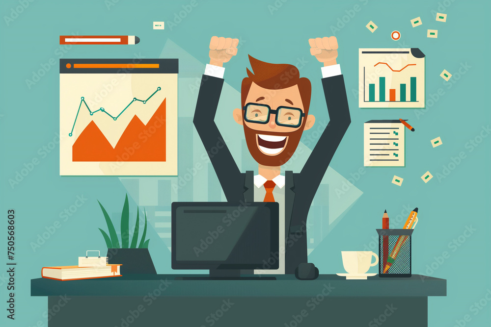 Flat design of a male office worker sitting and working in the office. Graphics. With the stock market growing, businessman success, vector graphics. Flat design of a male office worker sitting and working in the office. Graphics. With the stock market growing, businessman success, vector graphics.