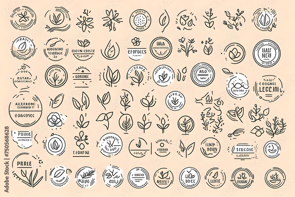 Organic cosmetic line icons set. Product free allergen labels. Natural products badges. - obrazy, fototapety, plakaty 
