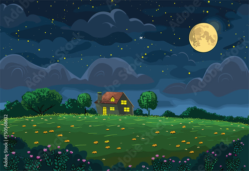 A cartoon illustration of a house surrounded by grass and vegetation in a natural landscape ecoregion at nighttime, under the moonlit sky