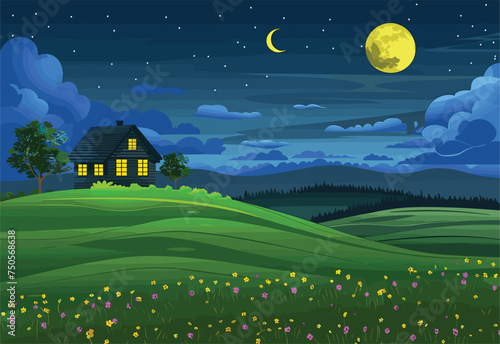 A charming house sits on a hill, under a full moon in the night sky. The green ecoregion is alive with natural vegetation, creating a serene and magical natural landscape