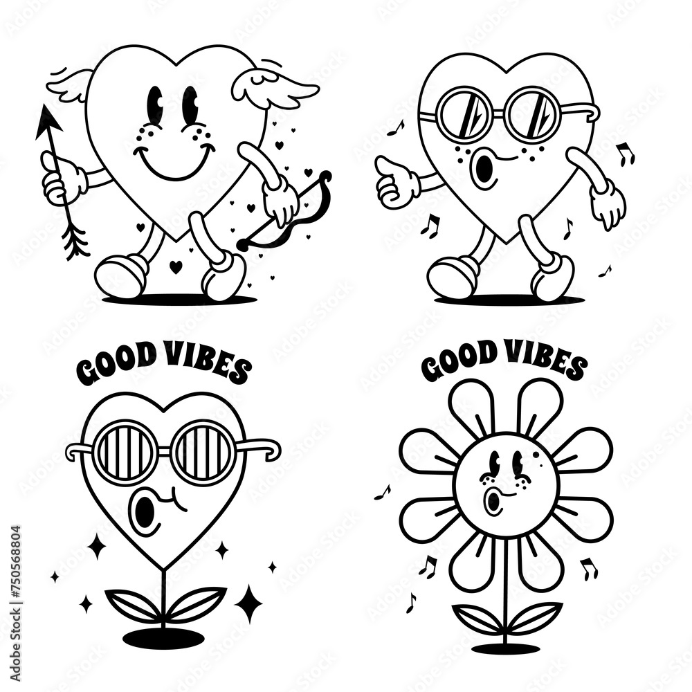 Vector set with linear stickers cartoon hearts and daisy in groovy style. Page for coloring books Vector set with linear stickers cartoon hearts and daisy in groovy style. Page for coloring books