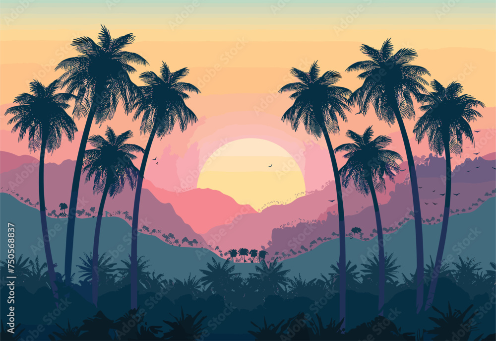 The atmosphere glows with the afterglow of the sunset, illuminating the sky above the mountains. Palm trees in the foreground add a tropical touch to the scene