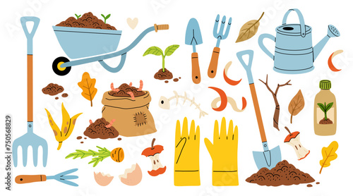 Set of cartoon flat icons. Organic composting theme. Garden tools, bag of compost, ground, food garbage. Illustration of bio, organic fertilizer, compost, agronomy. Colored vector isolated design