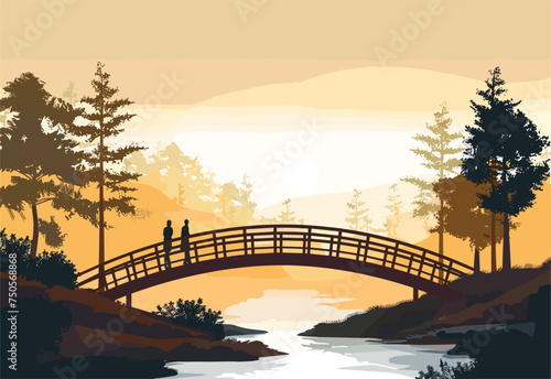 Two people are admiring the natural landscape as they stand on a bridge over the river at dusk. The water reflects the colorful sky and clouds, creating a picturesque painting of nature photo