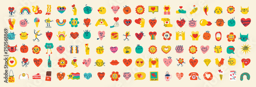 Groovy hippie love sticker characters. Comic happy faces, hearts and flower characters in trendy retro 60s 70s cartoon style. Vintage isolated vector illustration.