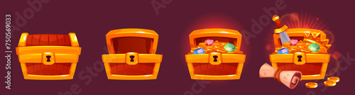 Wooden chest treasure. Open and closed, full and empty wood box with gold coins, gems, game icons, scroll, sword and crown, pirate treasures. Jewelry trunk. Cartoon tidy vector concept