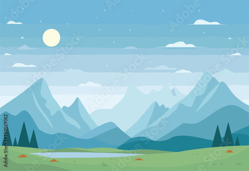 A cartoon illustration of a highland landscape with a lake in the foreground, surrounded by lush green grass and mountains under a clear azure sky with fluffy clouds