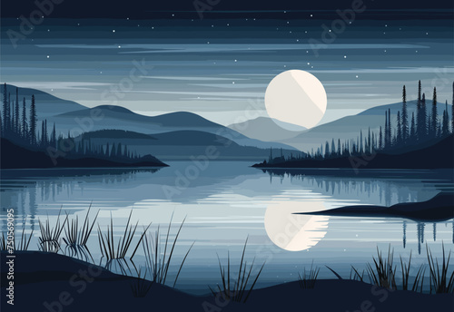 A serene lake surrounded by majestic mountains under a starry sky, with a full moon casting a shimmering reflection on the water