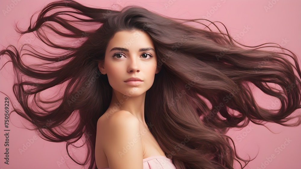 portrait of a woman with hair , pink background portrait of a woman with hair , pink background