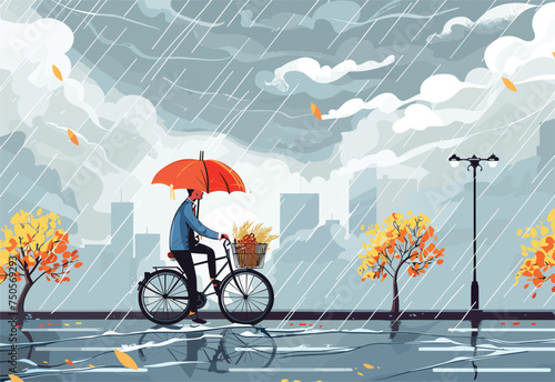 A man is riding a bicycle in the rain, holding an umbrella to shield himself from the water. The bicycles wheels splashing through the wet ground as clouds loom overhead