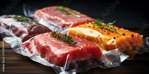 Various raw meats vacuumsealed for sous vide cooking including beef chicken and salmon. Concept Sous Vide Cooking, Meat Selection, Vacuum-sealing, Meal Preparation, Cooking Techniques photo