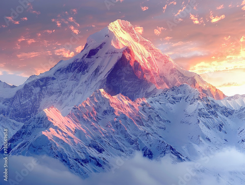 A mountain with a snow covered peak and a beautiful sunset in the background