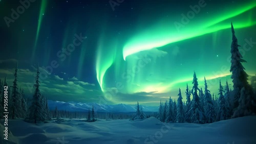 a beautiful snow landscape, northern lights, green lights animation 4k video