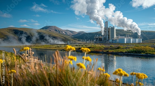 Futuristic geothermal energy plant in a sustainable environment photo