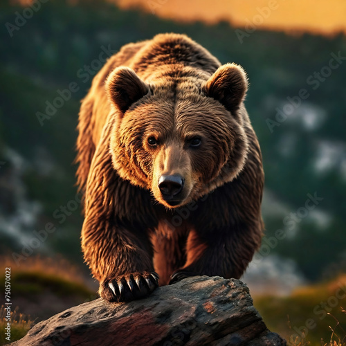 Portrait of Strong Male Brown Bear on stone in wild nature with mountains in golden hours 