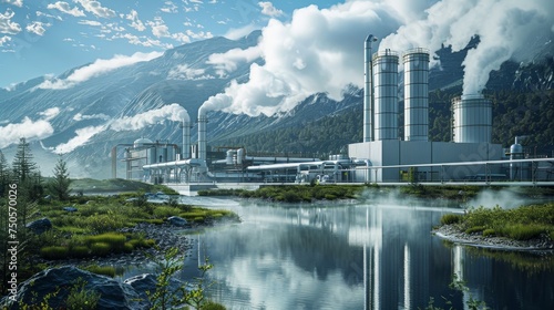 Futuristic geothermal energy plant in a sustainable environment