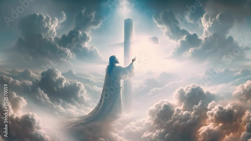 a man that looks like jesus reaching to a cross floating in a beautiful shining sky scene rays of light shining into the holy cross of Jesus, death and resurrection of Jesus Christ	4k video photo