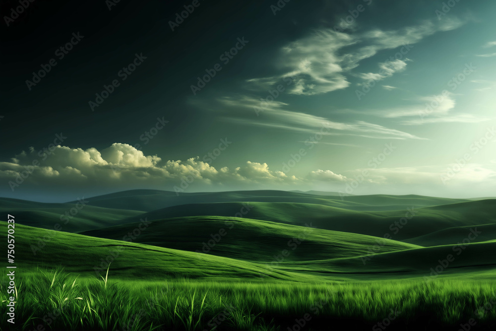 beautiful perfect landscape during sunset, green grass on the hills, green fields and sky with white clouds, bright sunlight and shadows