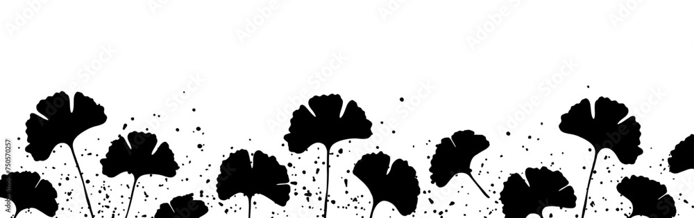 Black and white abstract botanical design with ginkgo biloba leaves. Botanical background, poster, banner, frame, wallpaper.