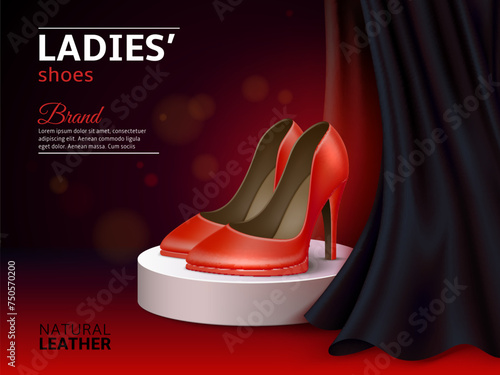 Ladies shoes poster. Female classic high heeled red footwear on white podium. Premium quality leather classic elegance luxury boots. Realistic isolated element. Promo banner. Vector concept