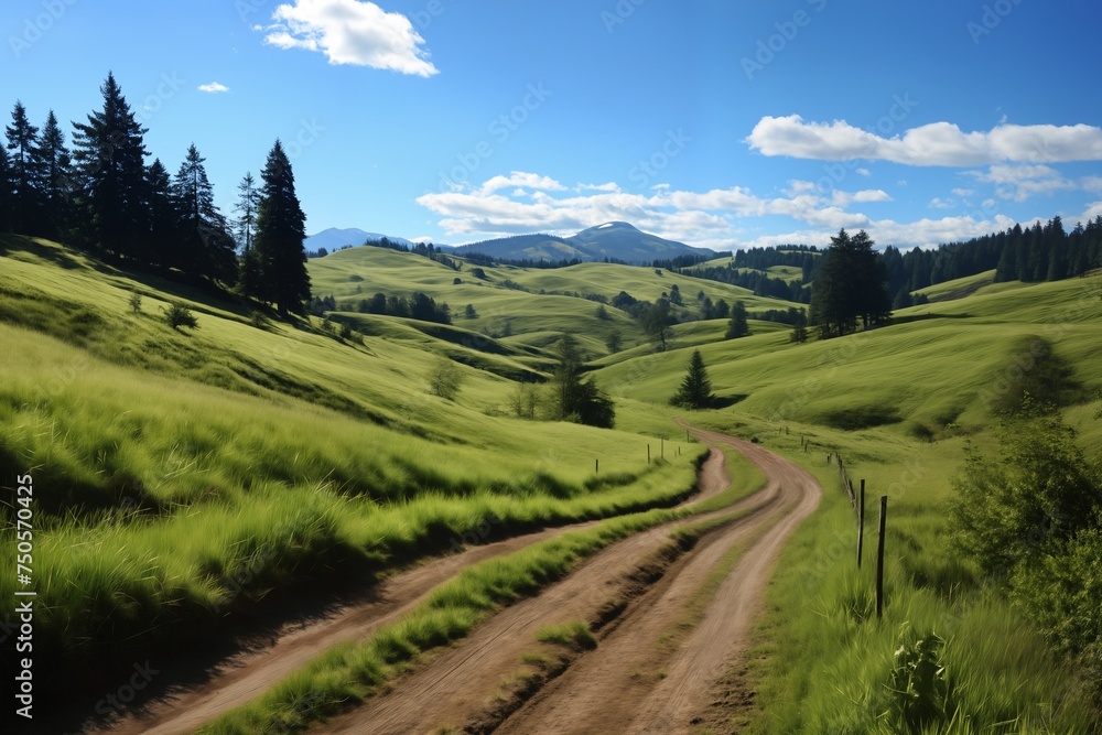 a beautiful landscape, a ground road leading into the distance, green grass and wild flowers in the valley, mountains in the distance and sky with white clouds