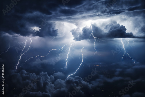 beautiful stormy sky with lightning and dark cumulus clouds aerial view for abstract background © soleg