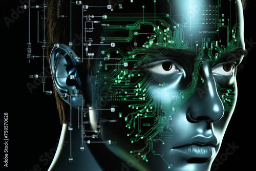 portrait of a woman with holography pattern on her face and lights on a dark background, cybernetics, science fiction concept and cyber art