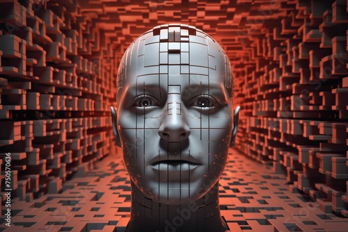 man's face with 3D cubes and particles in space as symbol of augmented reality and computer technologies of future, close-up portrait, concept of cybernetics, biomechanics and robotics