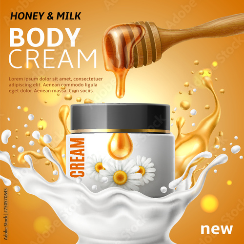 Honey and milk cream. Cosmetic advertising promo poster. White jar with chamomile on label. Lotion and oil liquid splashes, face and body care, realistic promotional banner. Vector concept