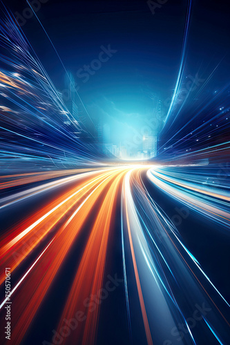 slow motion of High-Speed Urban colorful Lights Trails in Cityscape at Night with Futuristic Glow