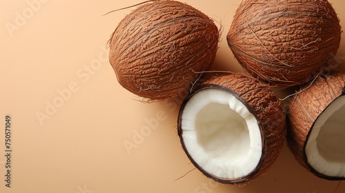 Coconuts on beige background, top view. Exotic fruit
