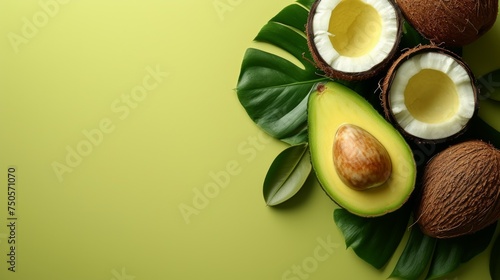 Fresh ripe coconut and avocado on green background with tropical leaves. Top view, flat lay