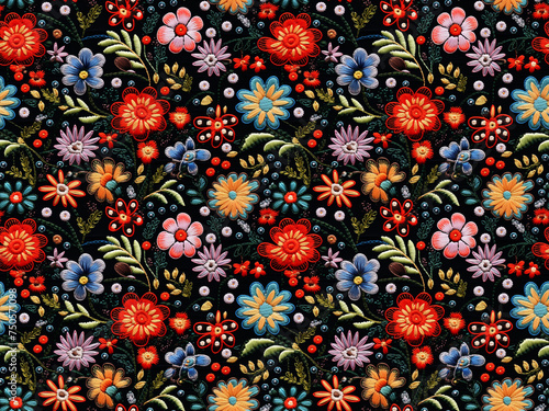 Embroidery Flower Seamless Pattern  Floral Tile with Small Beads  Embroidered Beadwork Vintage Print