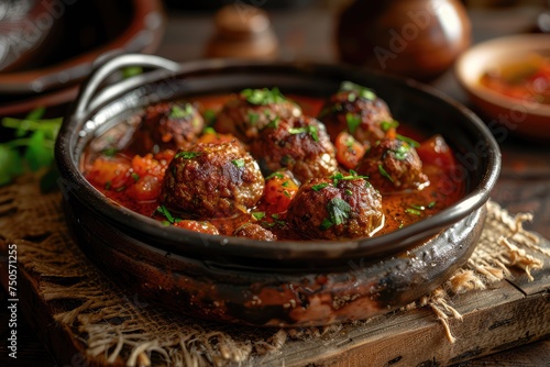 Flavorful Kefta Tagine Cooked in Rich Tomato Sauce, Lamb Meatballs, Traditional Moroccan Delight photo