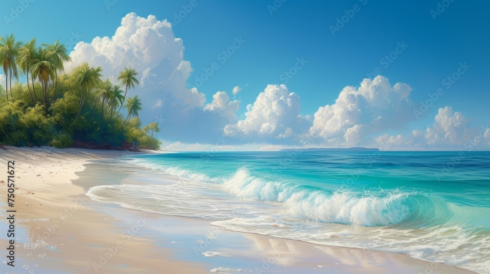Beautiful beach and tropical sea. Seascape.Beautiful sandy beach with clear turquoise ocean and palm trees. .Photorealistic illustrartion
