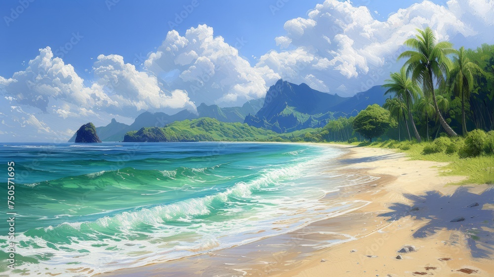 Beautiful beach and tropical sea. Seascape.Beautiful sandy beach with clear turquoise ocean and palm trees. .Photorealistic illustrartion Beautiful beach and tropical sea. Seascape.Beautiful sandy beach with clear turquoise ocean and palm trees. .Photorealistic illustrartion