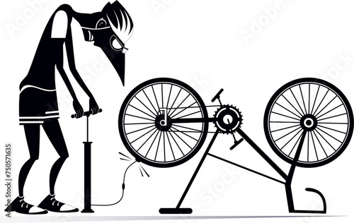 Cyclist and a broken bicycle. Cyclist inflates the wheel. Sportsperson repairs the bicycle. The cyclist inflates the wheel on the bicycle. Black and white illustration