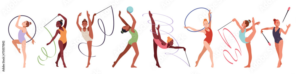 Artistic rhythmic gymnasts. Acrobatic girls with ribbons, balls and hoops, flexibility and lightness, professional athletes. Sports performance cartoon flat style isolated tidy vector set - obrazy, fototapety, plakaty 