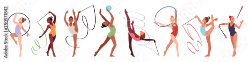 Artistic rhythmic gymnasts. Acrobatic girls with ribbons, balls and hoops, flexibility and lightness, professional athletes. Sports performance cartoon flat style isolated tidy vector set