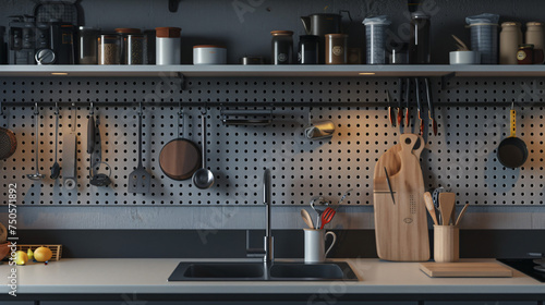 Modern kitchen with pegboard sink and utensils photo