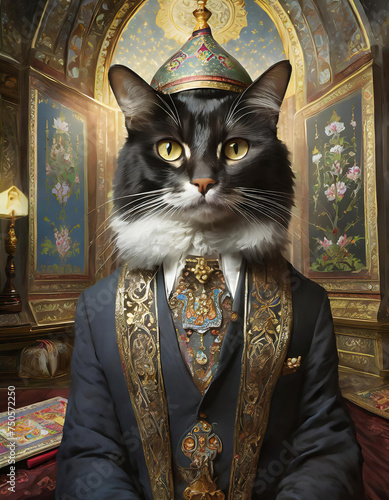 A cute cat dressed in Rococo period clothes poses in front of a luxurious portraits in the palace
