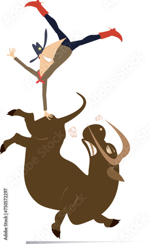 Farmer or cowboy and angry bull. Rodeo. 
Cartoon farmer or cowboy falls down from the bull. Isolated on white background
