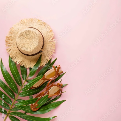 Creative flat lay photo of travel vacation spring or summer tropical fashion